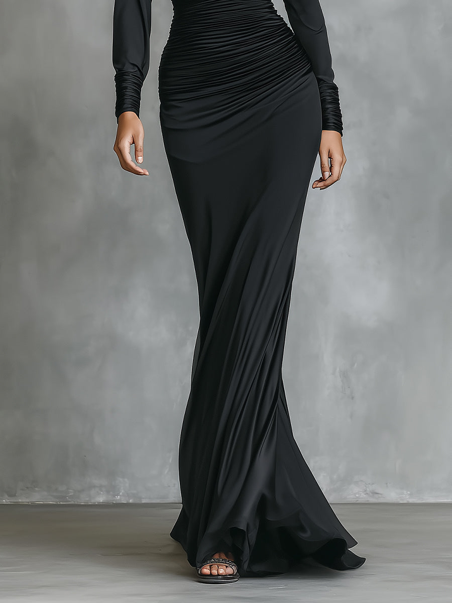 Vestido maxi de satén negro elegante con un solo hombro y fruncido estilo sirena para mujer