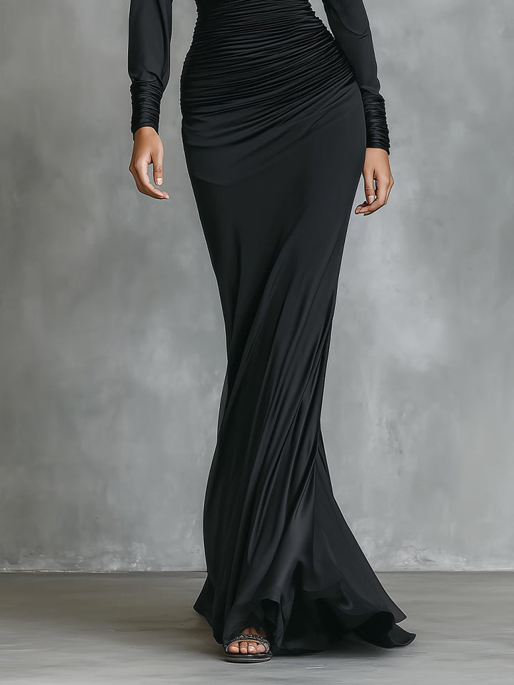 Vestido maxi de satén negro elegante con un solo hombro y fruncido estilo sirena para mujer
