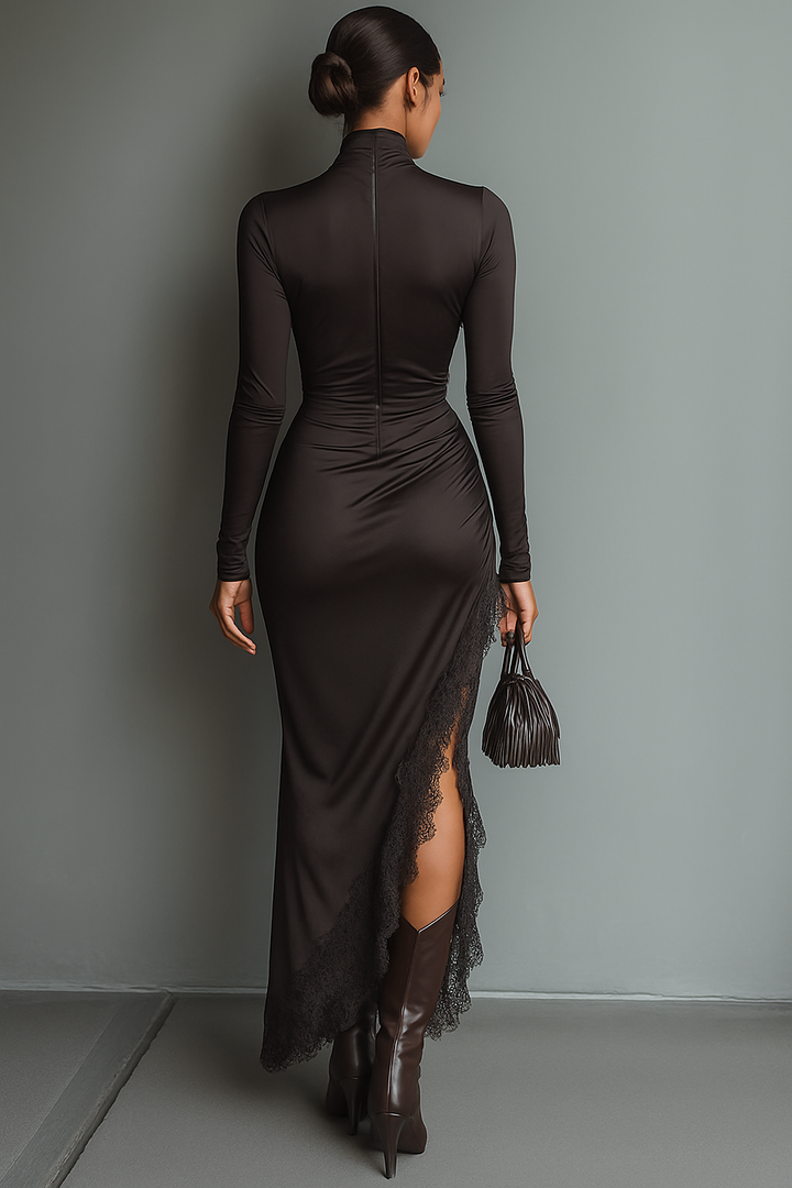 Vestido largo ajustado de satén marrón oscuro con dobladillo irregular de encaje para mujer