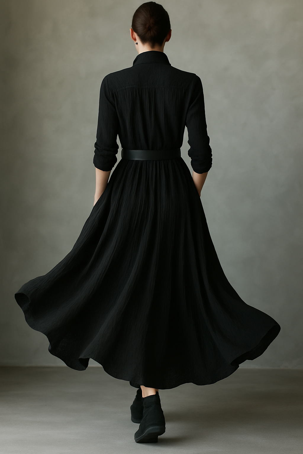 Vestido largo vintage plisado texturizado de mezcla de algodón negro para mujer