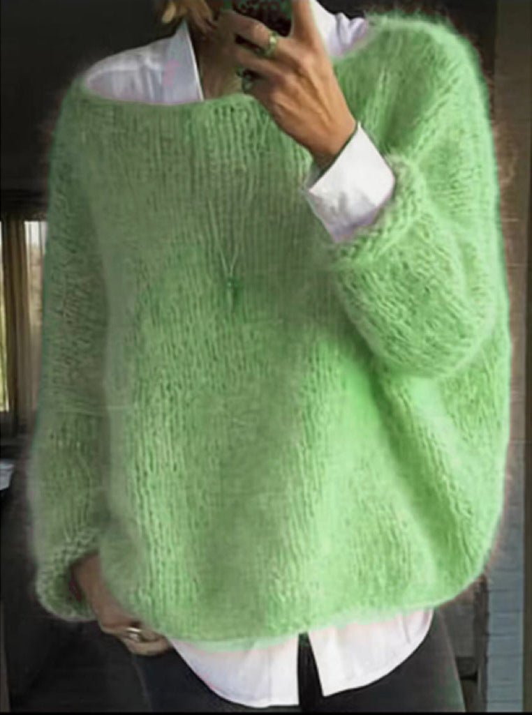 Comfortable Mohair Sweater for Women with Wide Neck Long Sleeve Relaxed Oversized Knit Style