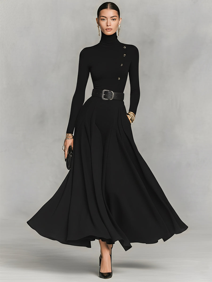 Damen Schwarzes Strick-Maxikleid mit elegantem hohem Kragen und Knopfdetails MDA1183K0I