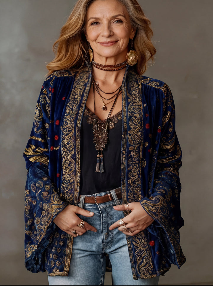 Embroidered Kimono Jacket for Women – Boho Open Front Duster Cardigan, Burgundy and Midnight Blue