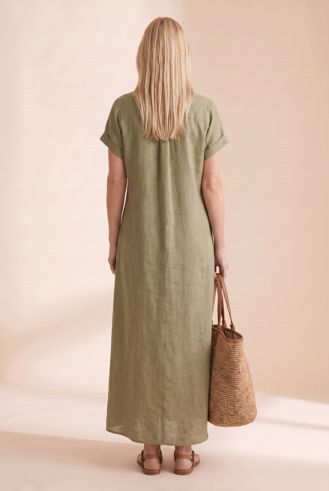 Women's Minimalist Linen Blend Short-sleeved Shirt Maxi Dress