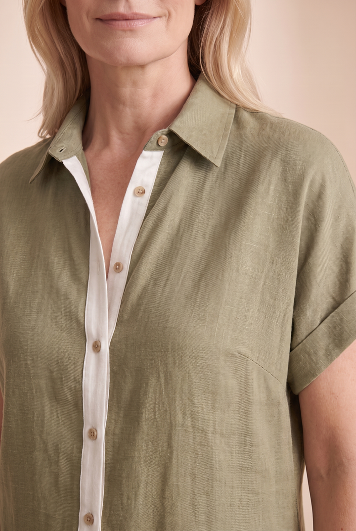 Women's Minimalist Linen Blend Short-sleeved Shirt Maxi Dress - greige collar and stripe detail