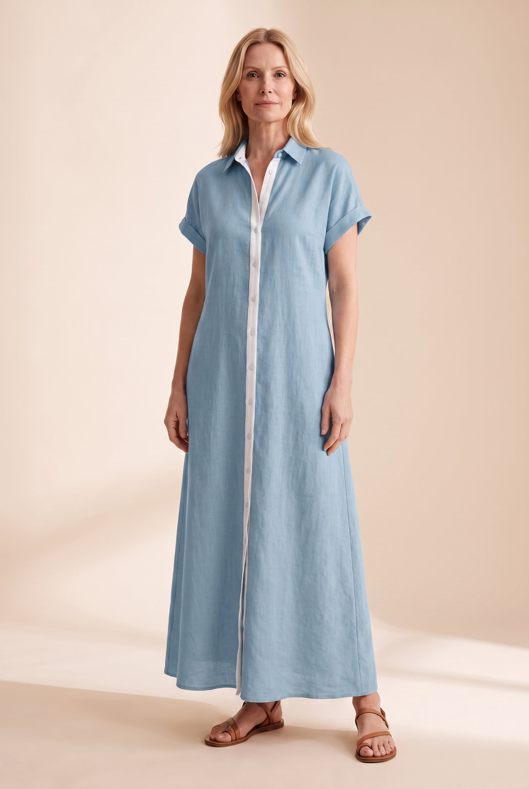 Women's Minimalist Linen Blend Short-sleeved Shirt Maxi Dress - blue front view