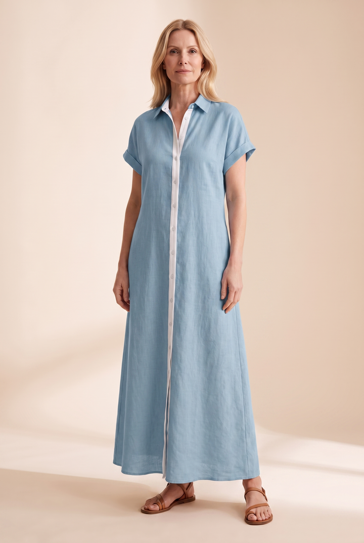 Women's Minimalist Linen Blend Short-sleeved Shirt Maxi Dress - blue front view