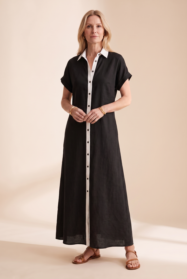 Women's Minimalist Linen Blend Short-sleeved Shirt Maxi Dress - black front view