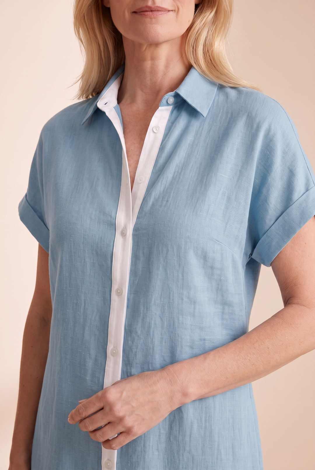 Women's Minimalist Linen Blend Short-sleeved Shirt Maxi Dress - blue collar detail