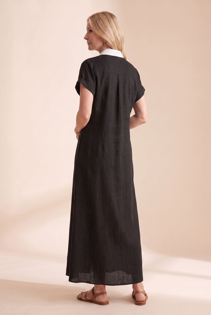 Women's Minimalist Linen Blend Short-sleeved Shirt Maxi Dress - black back view