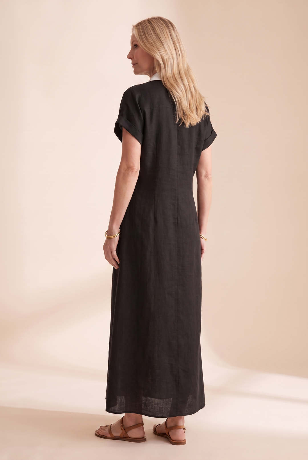 Women's Minimalist Linen Blend Short-sleeved Shirt Maxi Dress - black three-quarter view