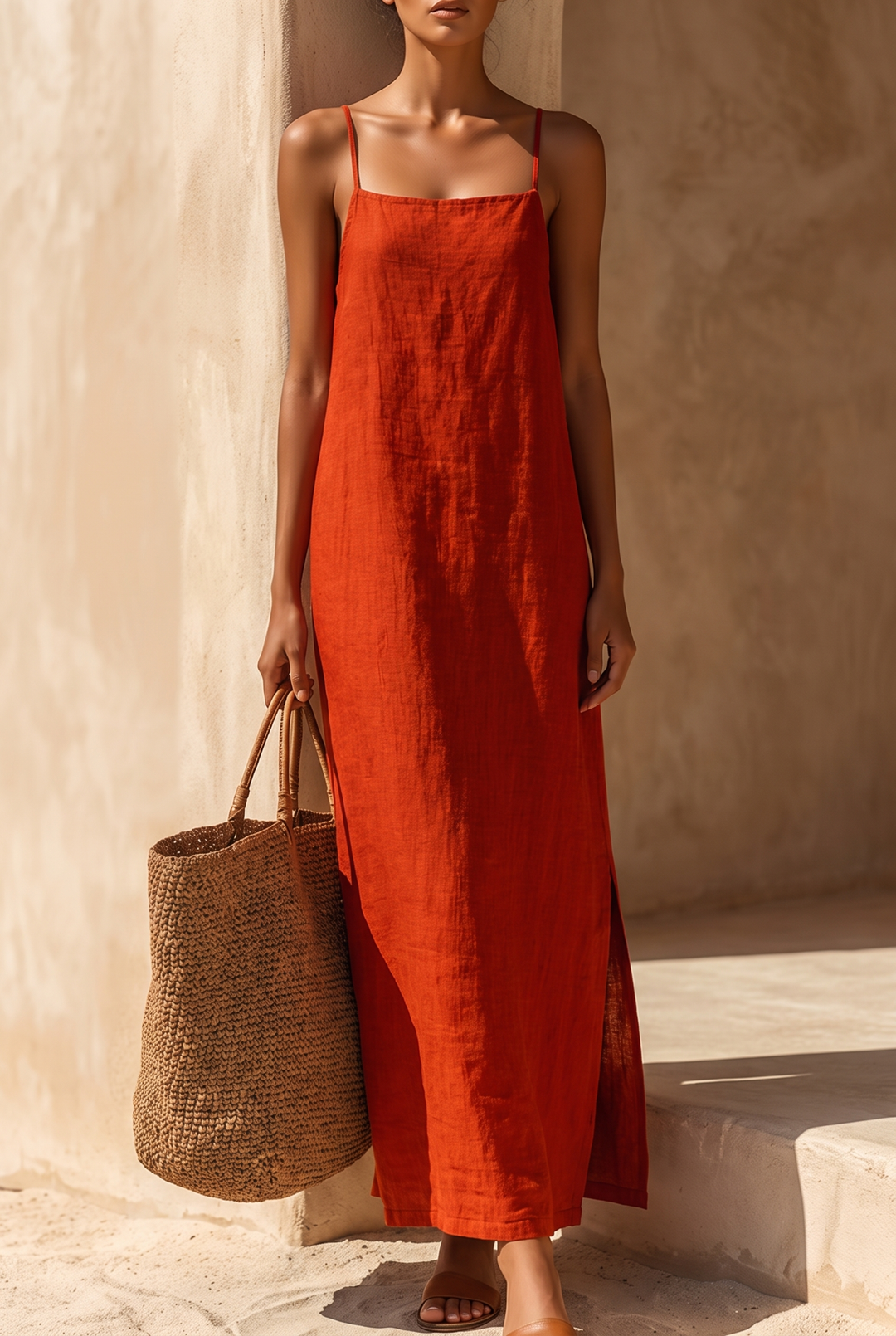 Women's Red Linen Dress With Spaghetti Straps & Square Neck, Timeless – Mercer & Bloom