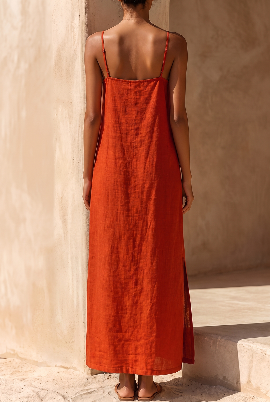 Women's Red Linen Dress Spaghetti Straps Square Neck Boho Resort - back view