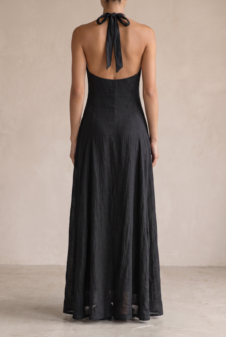 Women's Minimalist Linen Blend Halter Neck Sleeveless Maxi Dress - black back view