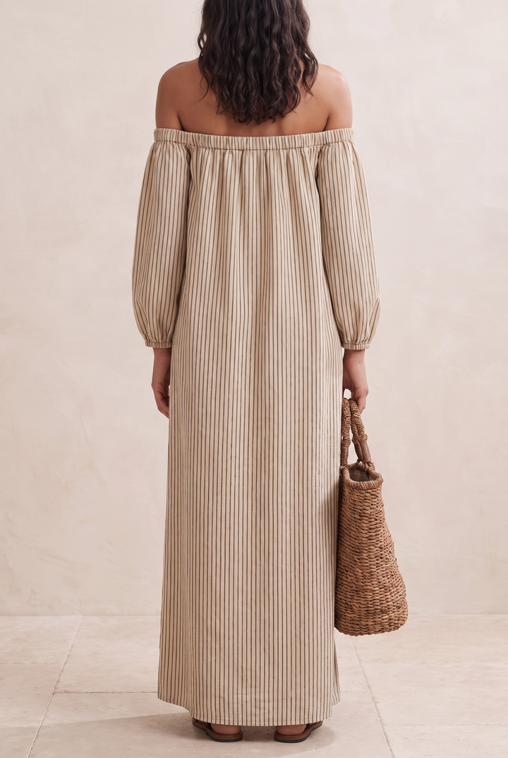 Women's Vacation Cotton-linen Off-shoulder Long-sleeved Maxi Dress - back view