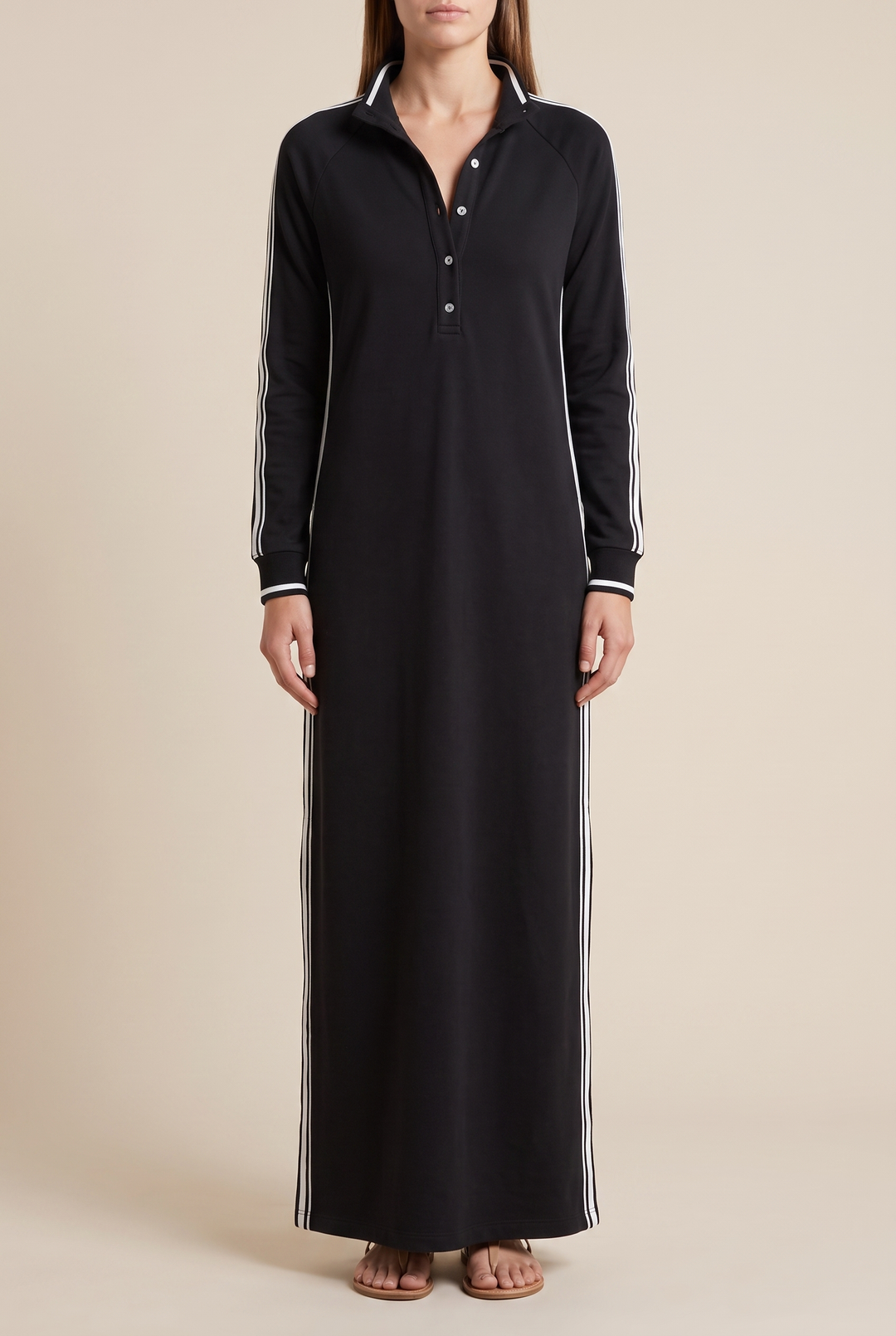 White-trimmed Sweatshirt Maxi Dress - black front view