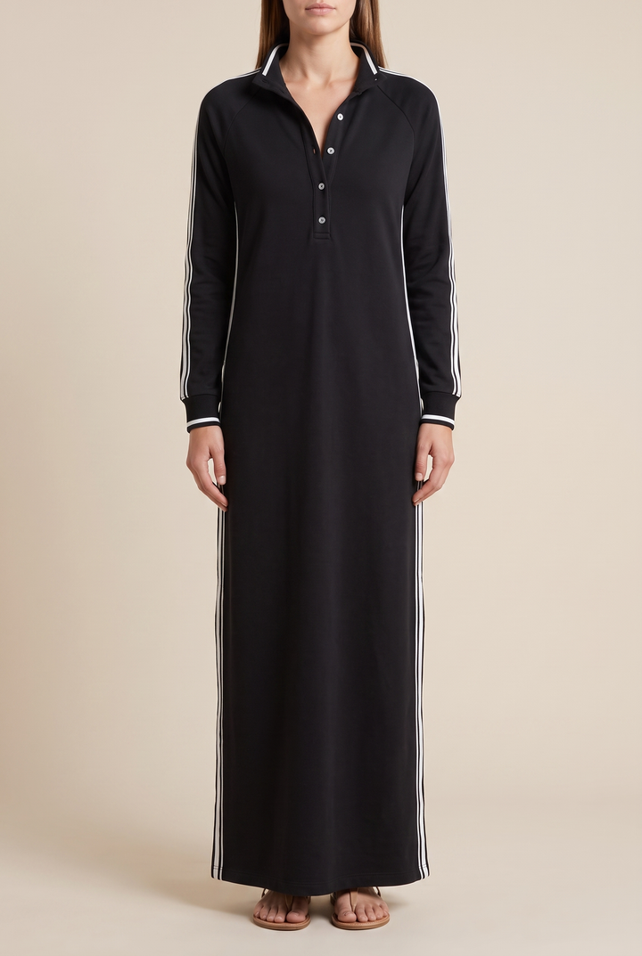 White-trimmed Sweatshirt Maxi Dress - black front view