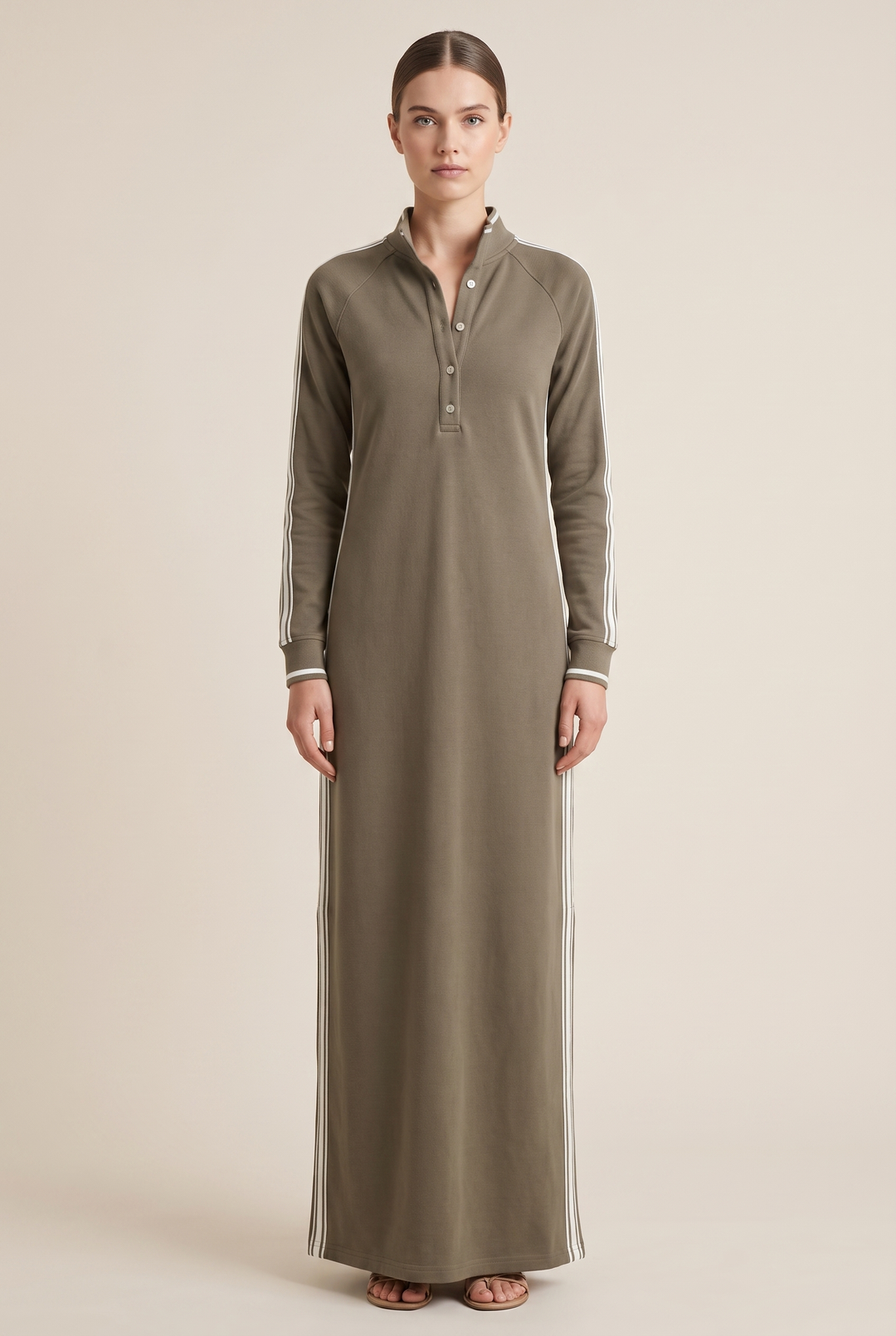 White-trimmed Sweatshirt Maxi Dress - khaki front view