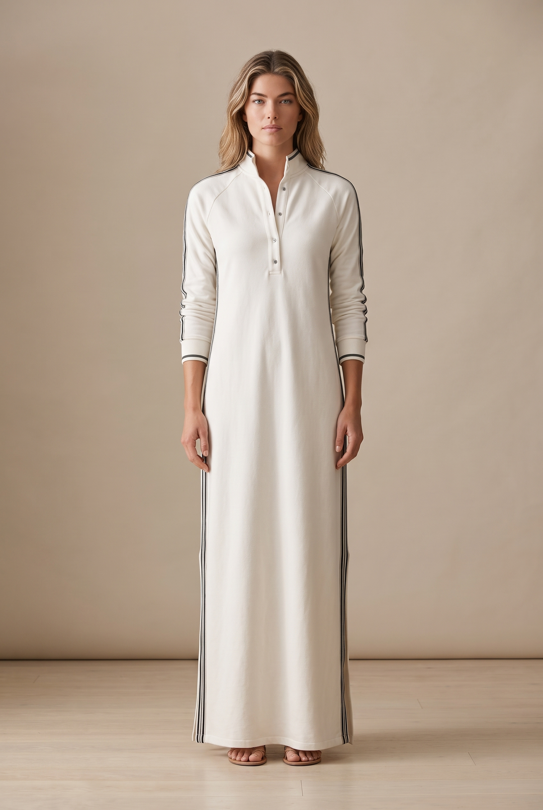 White-trimmed Sweatshirt Maxi Dress - white front view