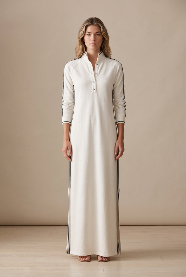 White-trimmed Sweatshirt Maxi Dress - white front view