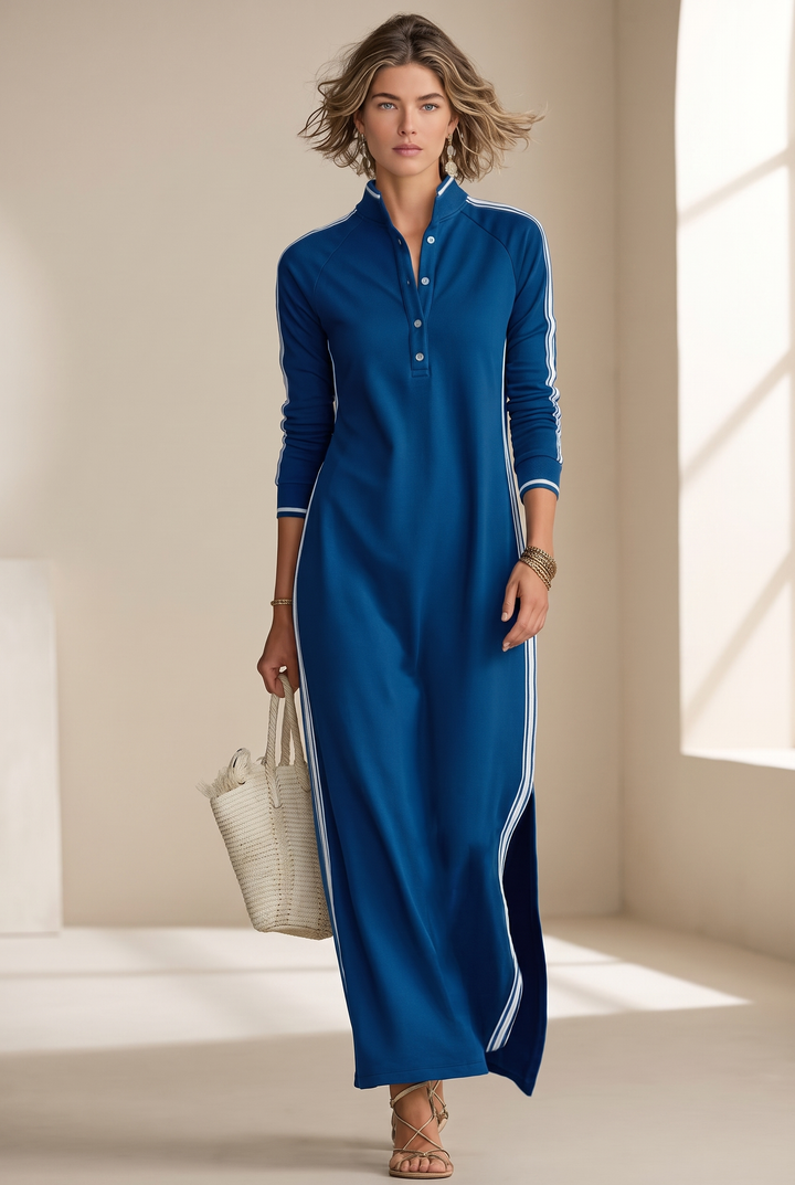 White-trimmed Sweatshirt Maxi Dress - royal blue front view