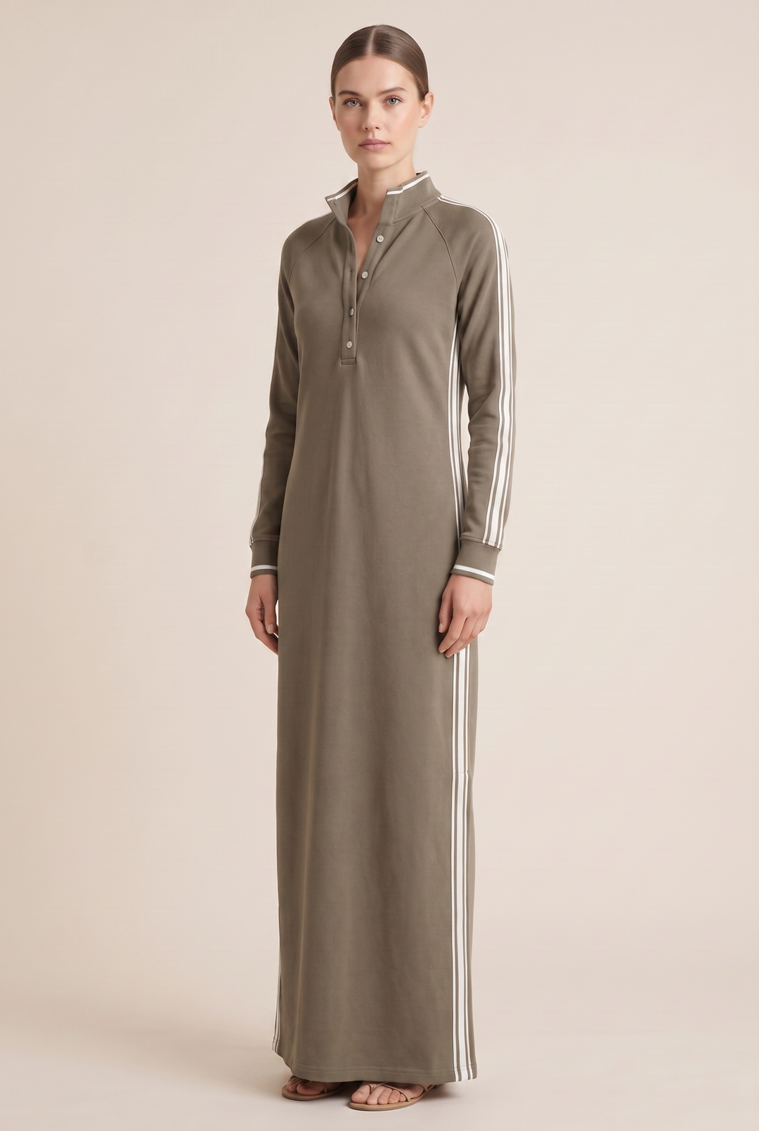 White-trimmed Sweatshirt Maxi Dress - khaki three-quarter view