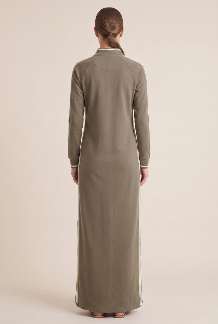 White-trimmed Sweatshirt Maxi Dress - khaki back view