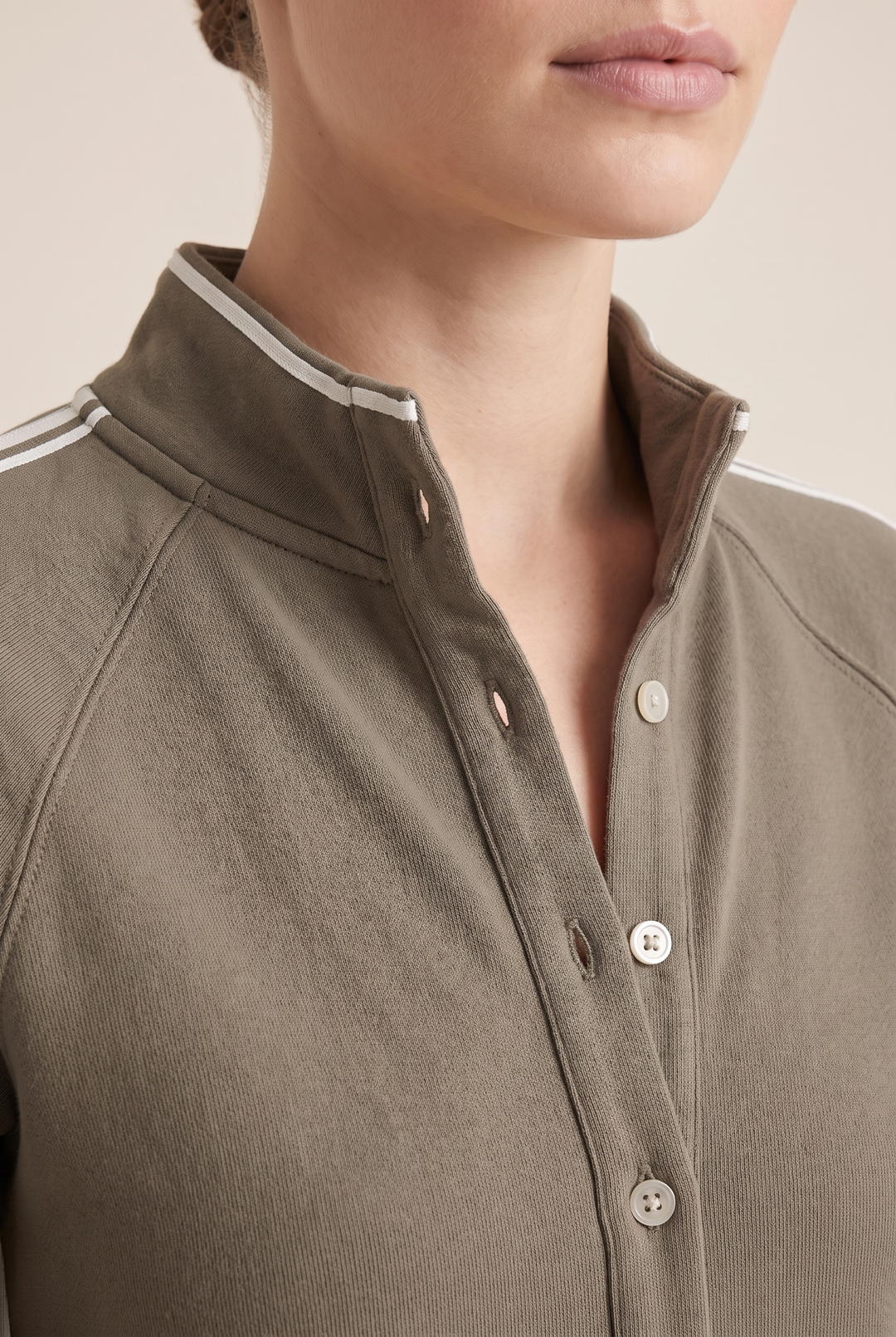 White-trimmed Sweatshirt Maxi Dress - khaki collar and trim detail