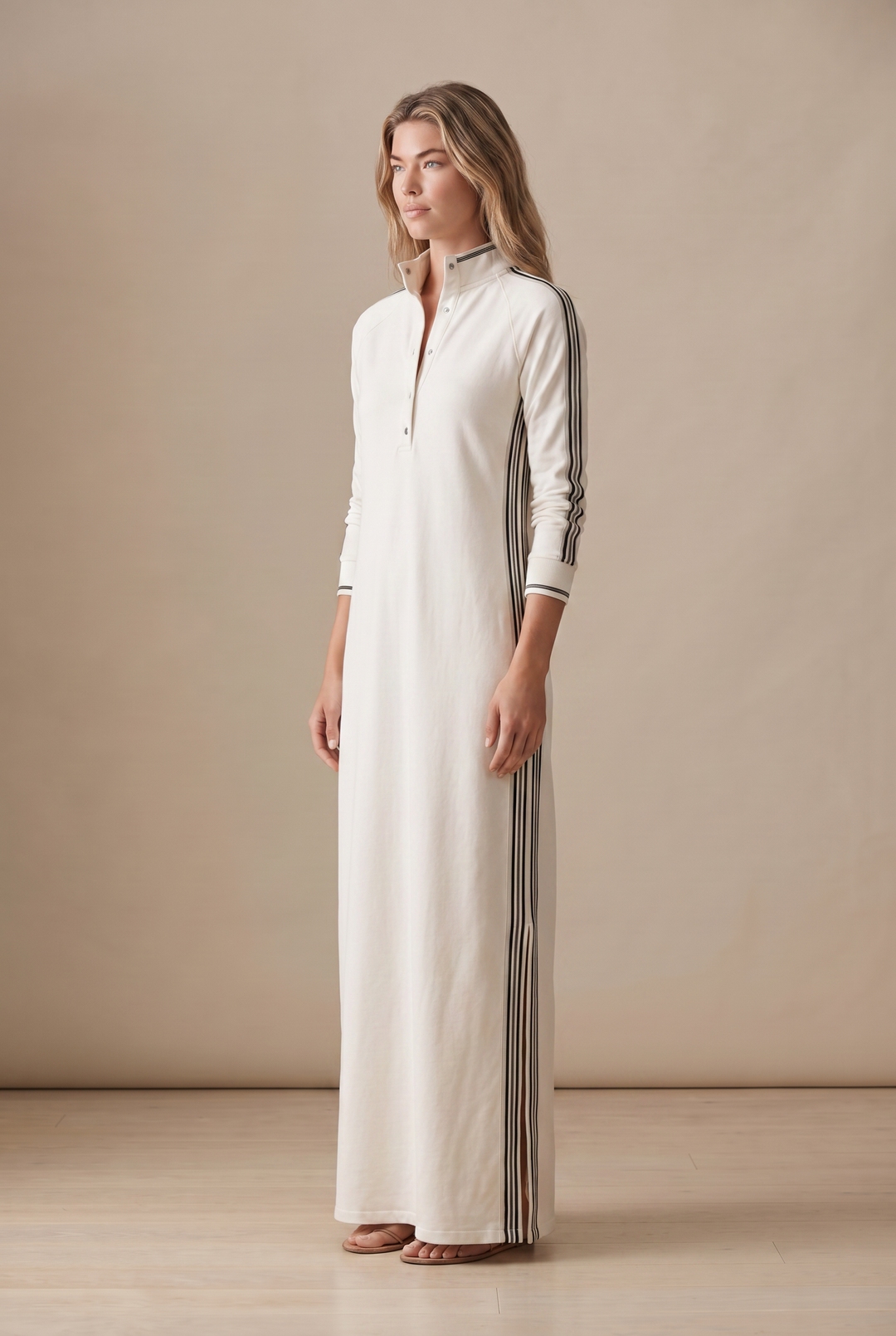 White-trimmed Sweatshirt Maxi Dress - white three-quarter view