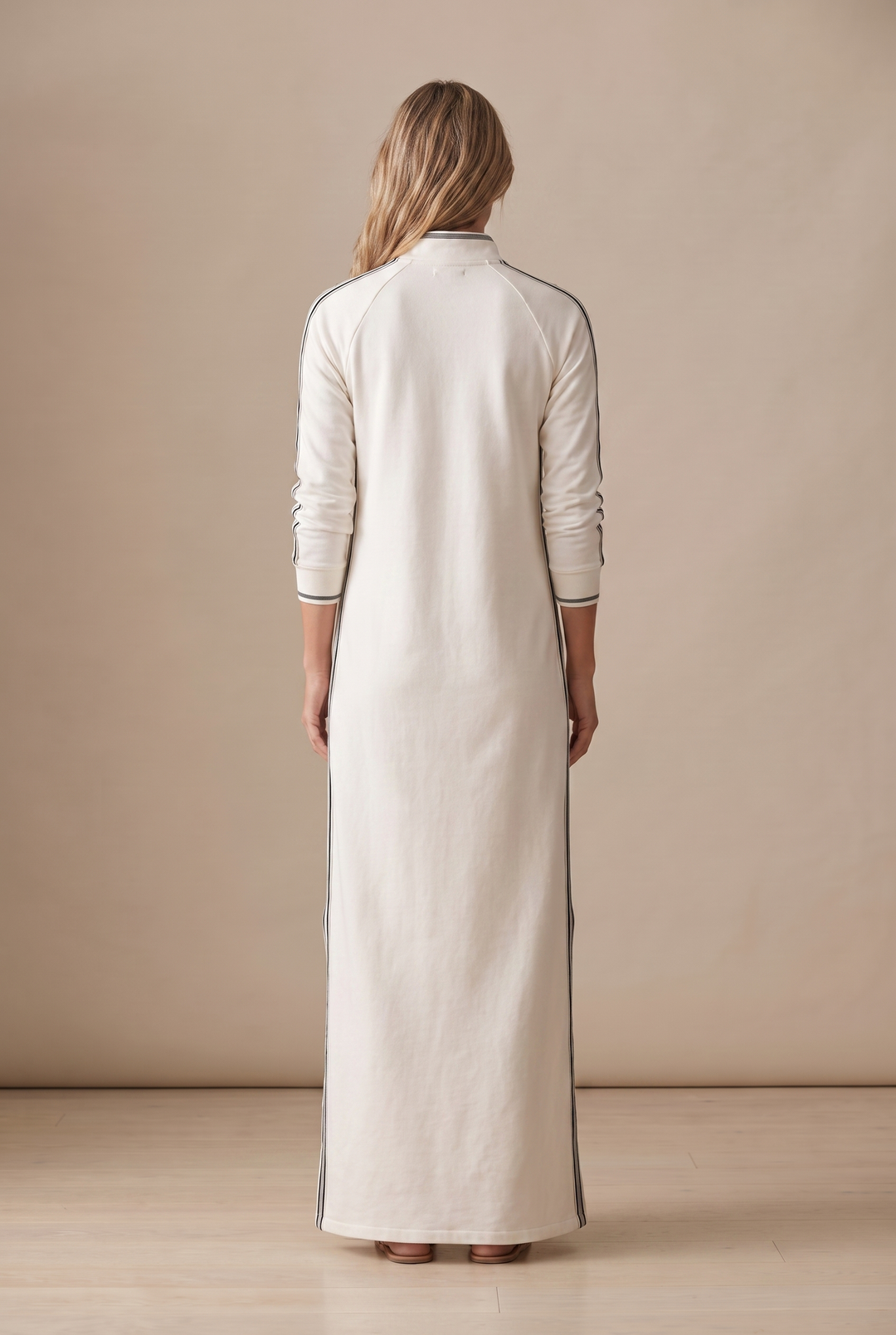 White-trimmed Sweatshirt Maxi Dress - white back view