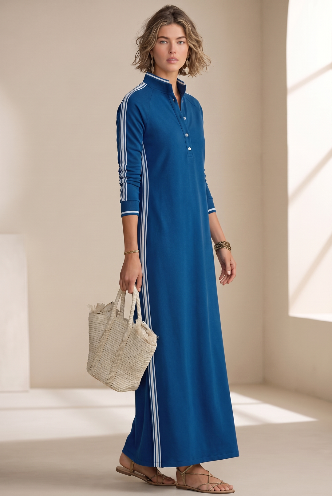 White-trimmed Sweatshirt Maxi Dress - royal blue three-quarter view