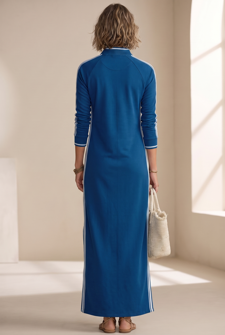 White-trimmed Sweatshirt Maxi Dress - royal blue back view