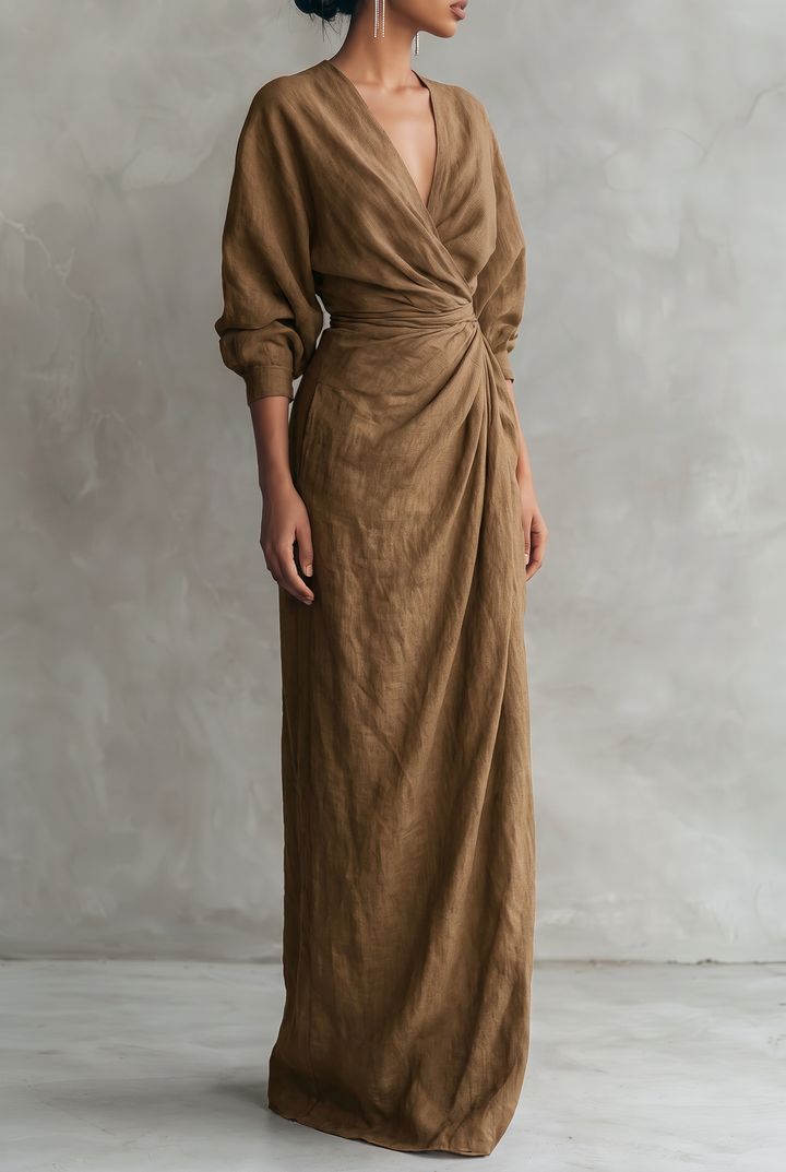Women's Minimalist V-neck Linen Blend Maxi Dress - brown front view