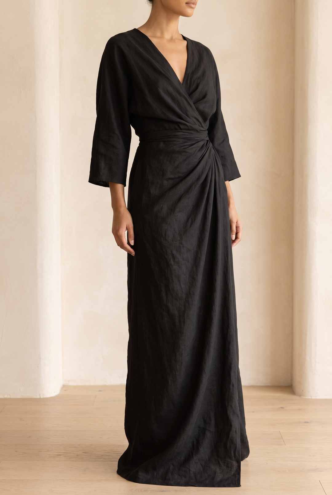 Women's Minimalist V-neck Linen Blend Maxi Dress - black front view