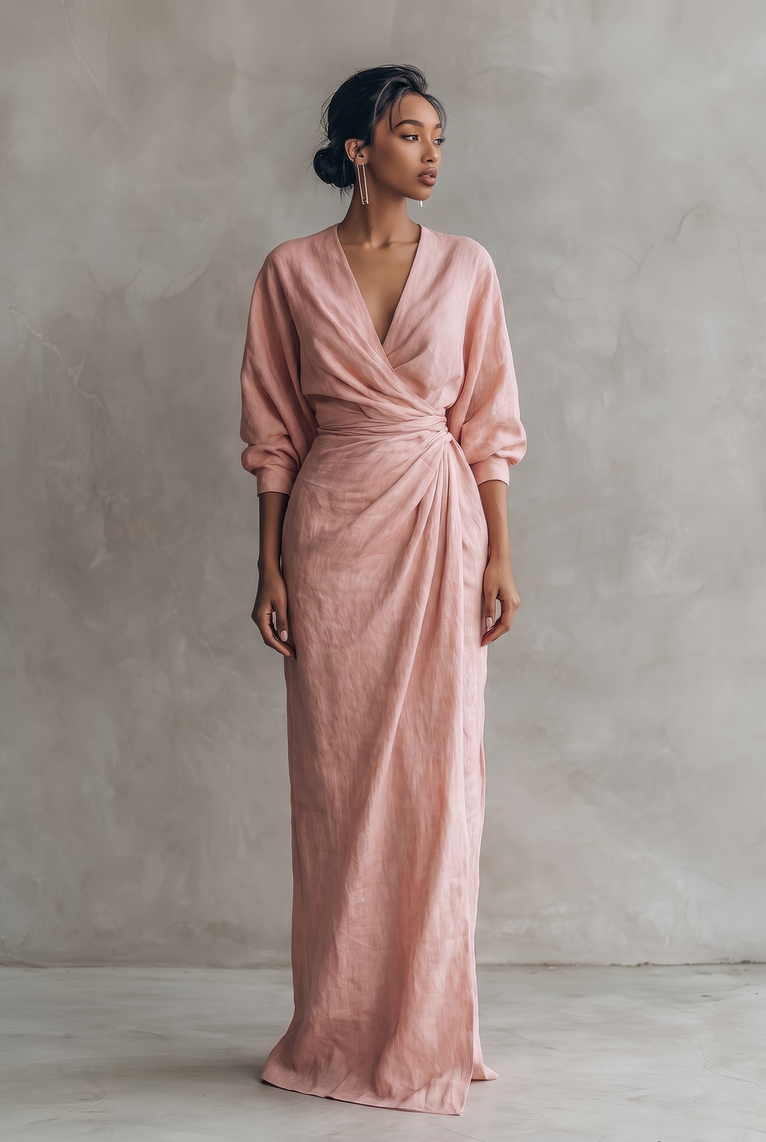 Women's Minimalist V-neck Linen Blend Maxi Dress - pink front view