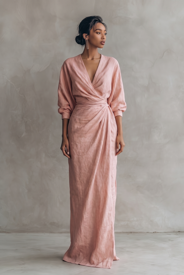 Women's Minimalist V-neck Linen Blend Maxi Dress - pink front view