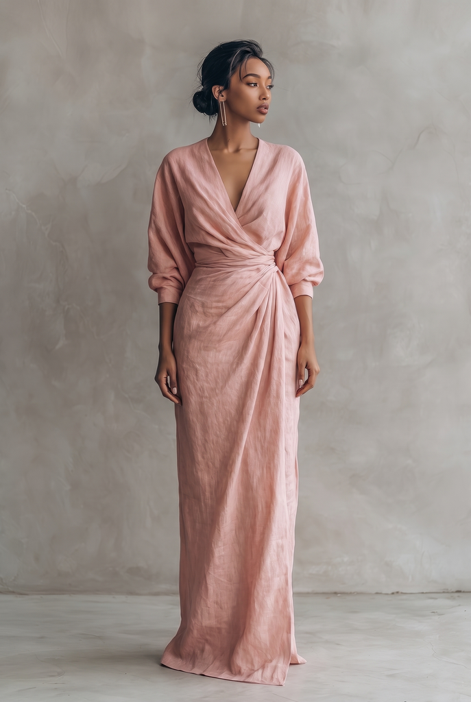 V-Neck Linen Blend Maxi Dress with Mid Sleeves