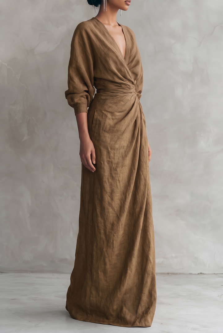 Women's Minimalist V-neck Linen Blend Maxi Dress - brown three-quarter view