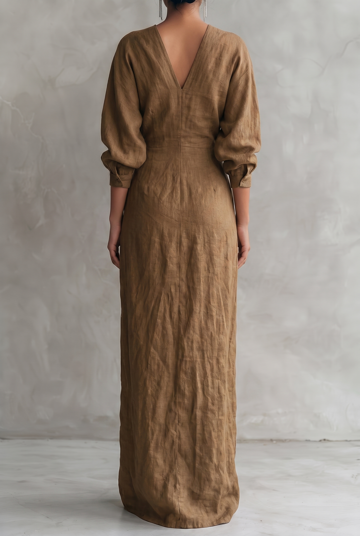 Women's Minimalist V-neck Linen Blend Maxi Dress - brown back view