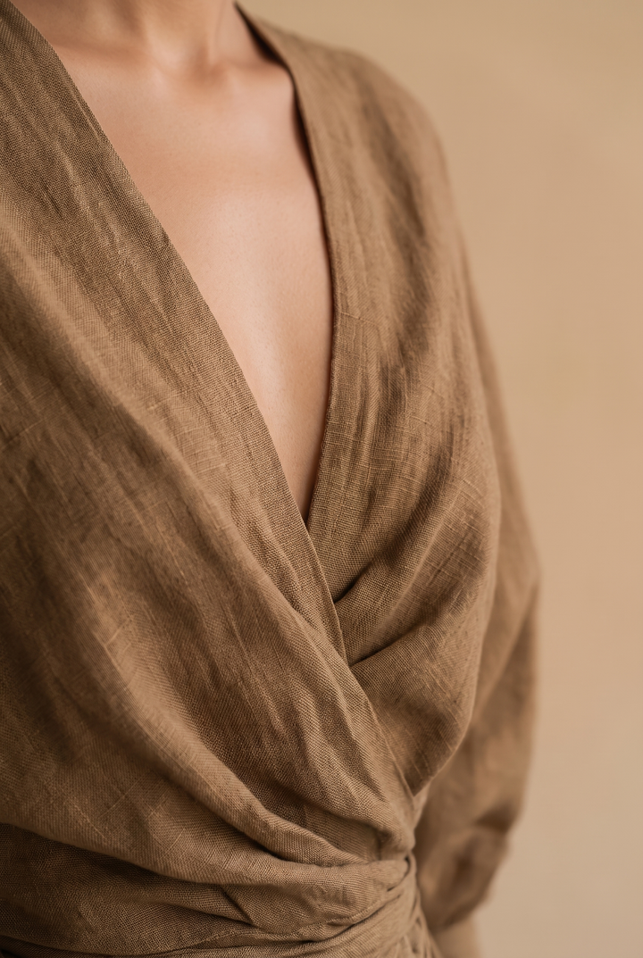 Women's Minimalist V-neck Linen Blend Maxi Dress - brown neckline detail