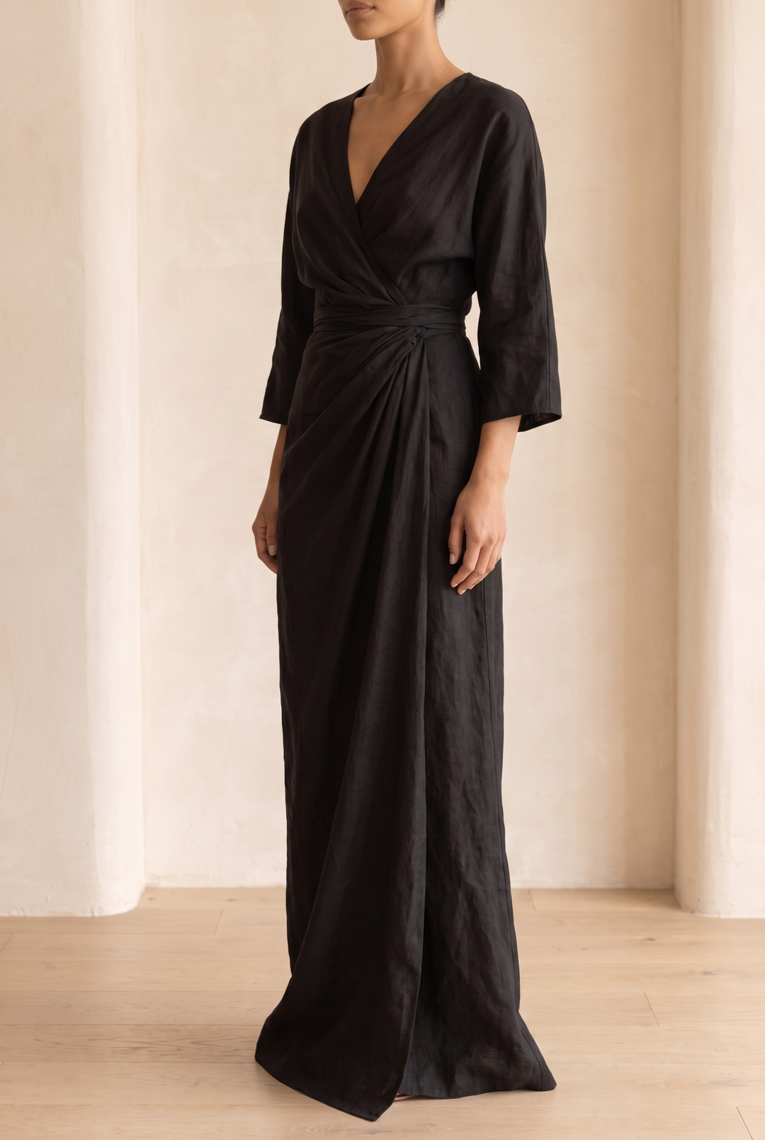 Women's Minimalist V-neck Linen Blend Maxi Dress - black three-quarter view