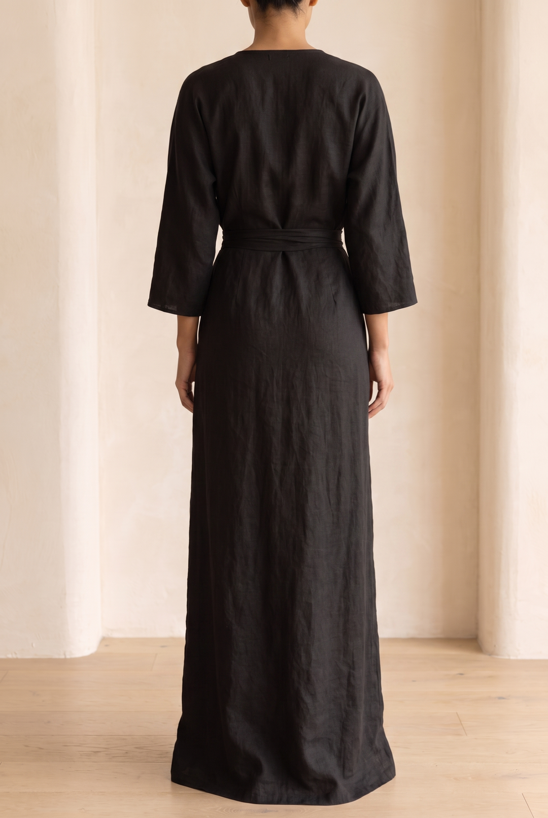 Women's Minimalist V-neck Linen Blend Maxi Dress - black back view