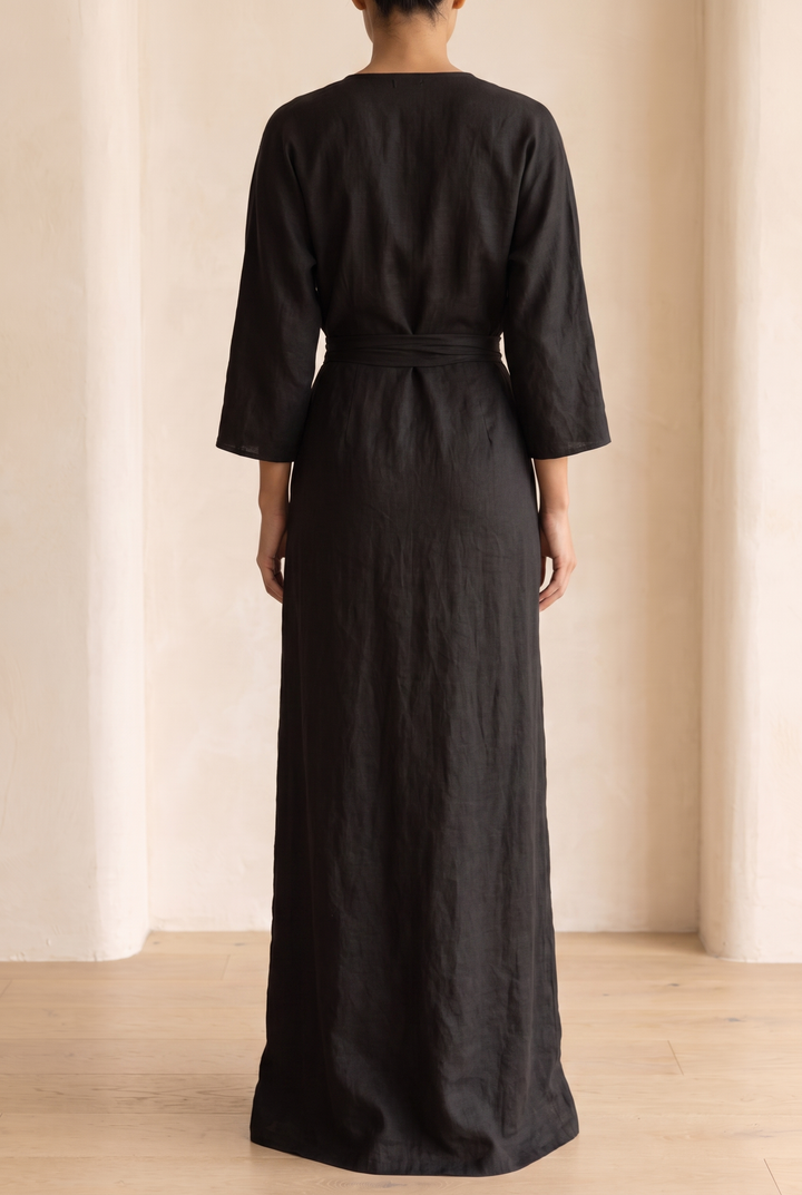 Women's Minimalist V-neck Linen Blend Maxi Dress - black back view