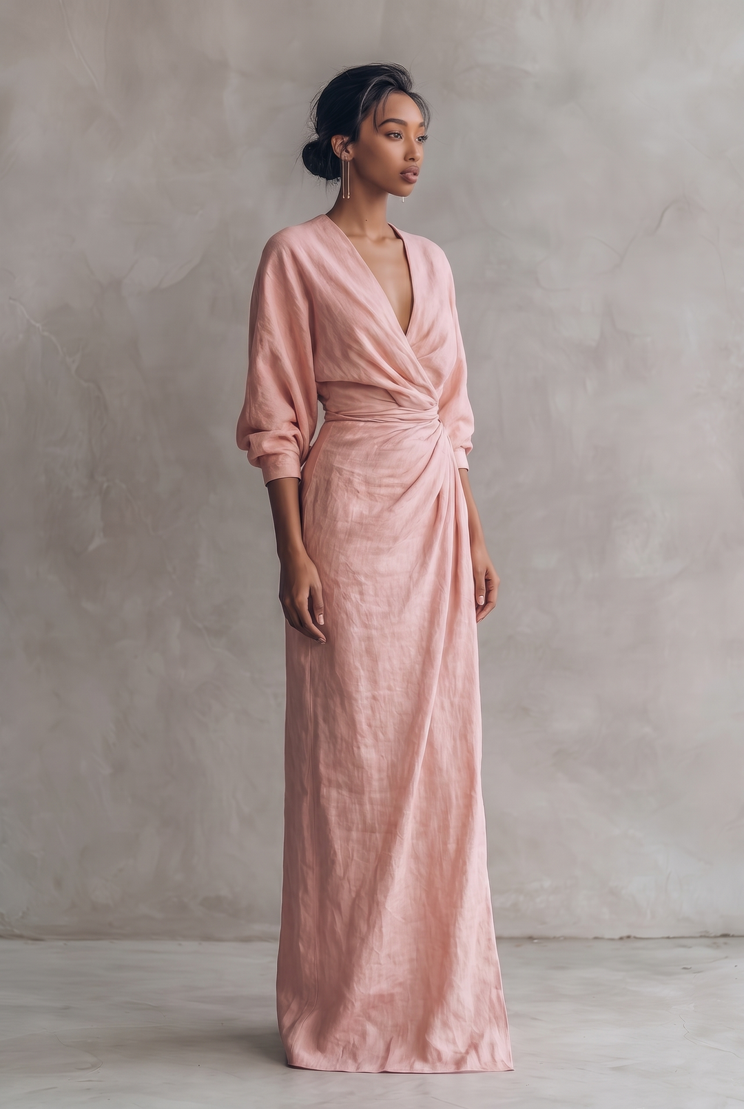 Women's Minimalist V-neck Linen Blend Maxi Dress - pink three-quarter view