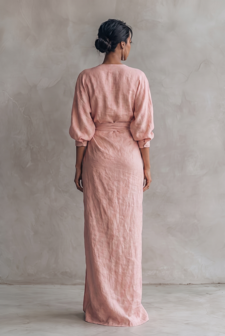 Women's Minimalist V-neck Linen Blend Maxi Dress - pink back view