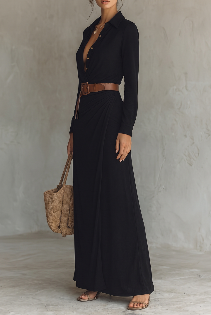 Ladies Lapel Belted Maxi Dress - black front view