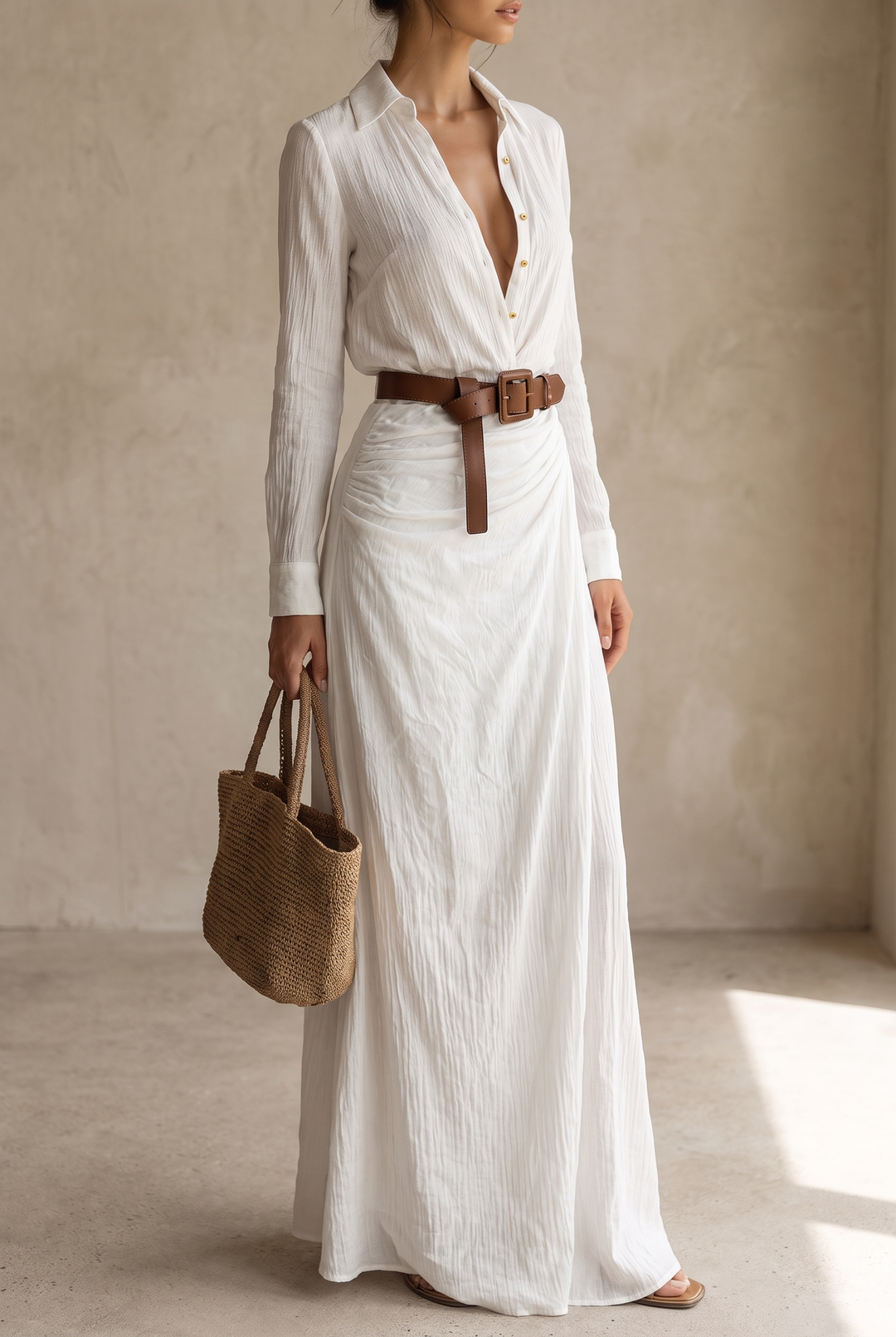 Ladies Lapel Belted Maxi Dress - white front view