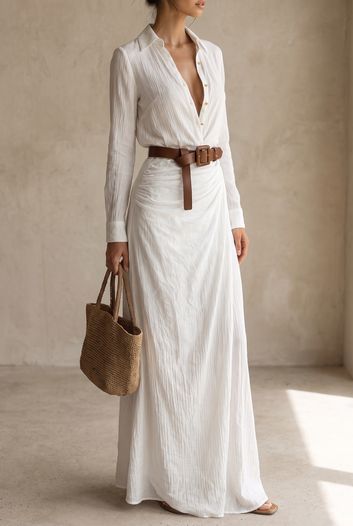 Ladies Lapel Belted Maxi Dress - white front view
