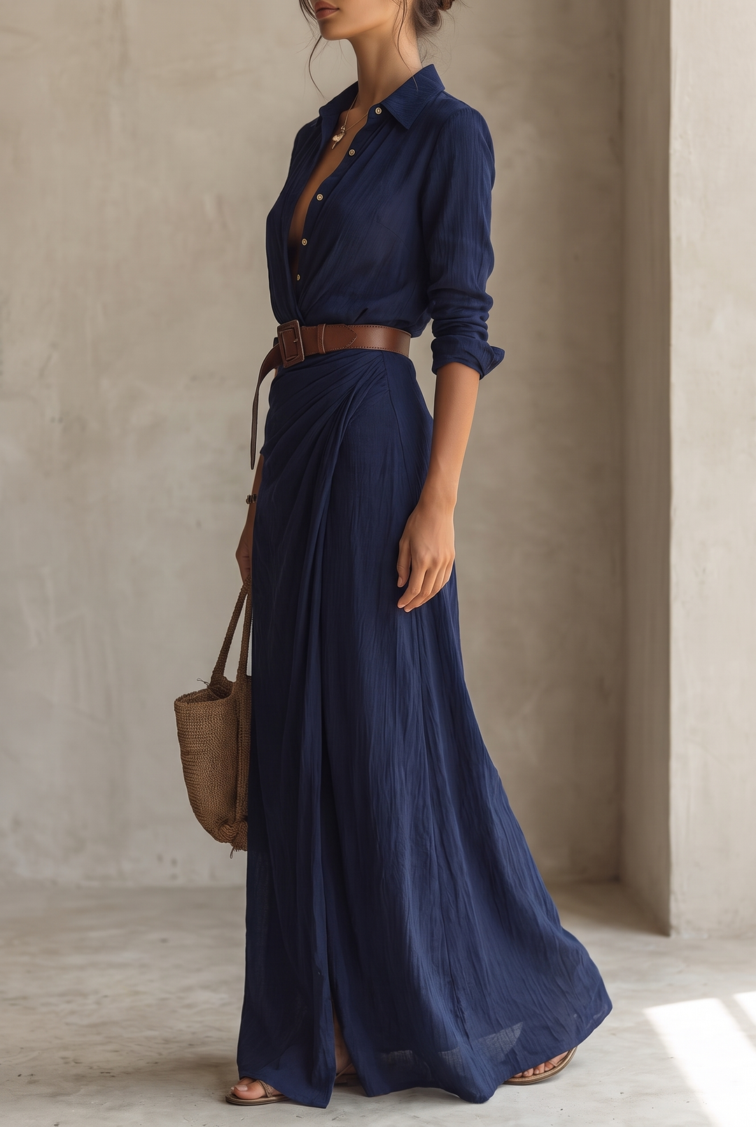 Ladies Lapel Belted Maxi Dress - navy front view
