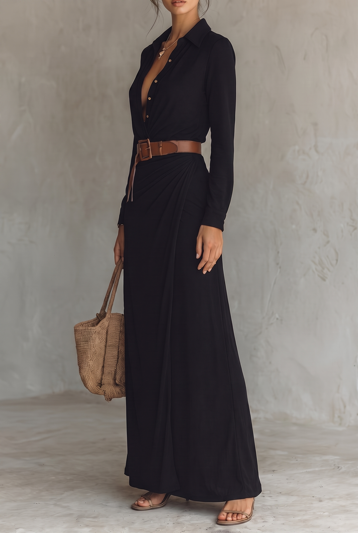 Ladies Lapel Belted Maxi Dress - black three-quarter view